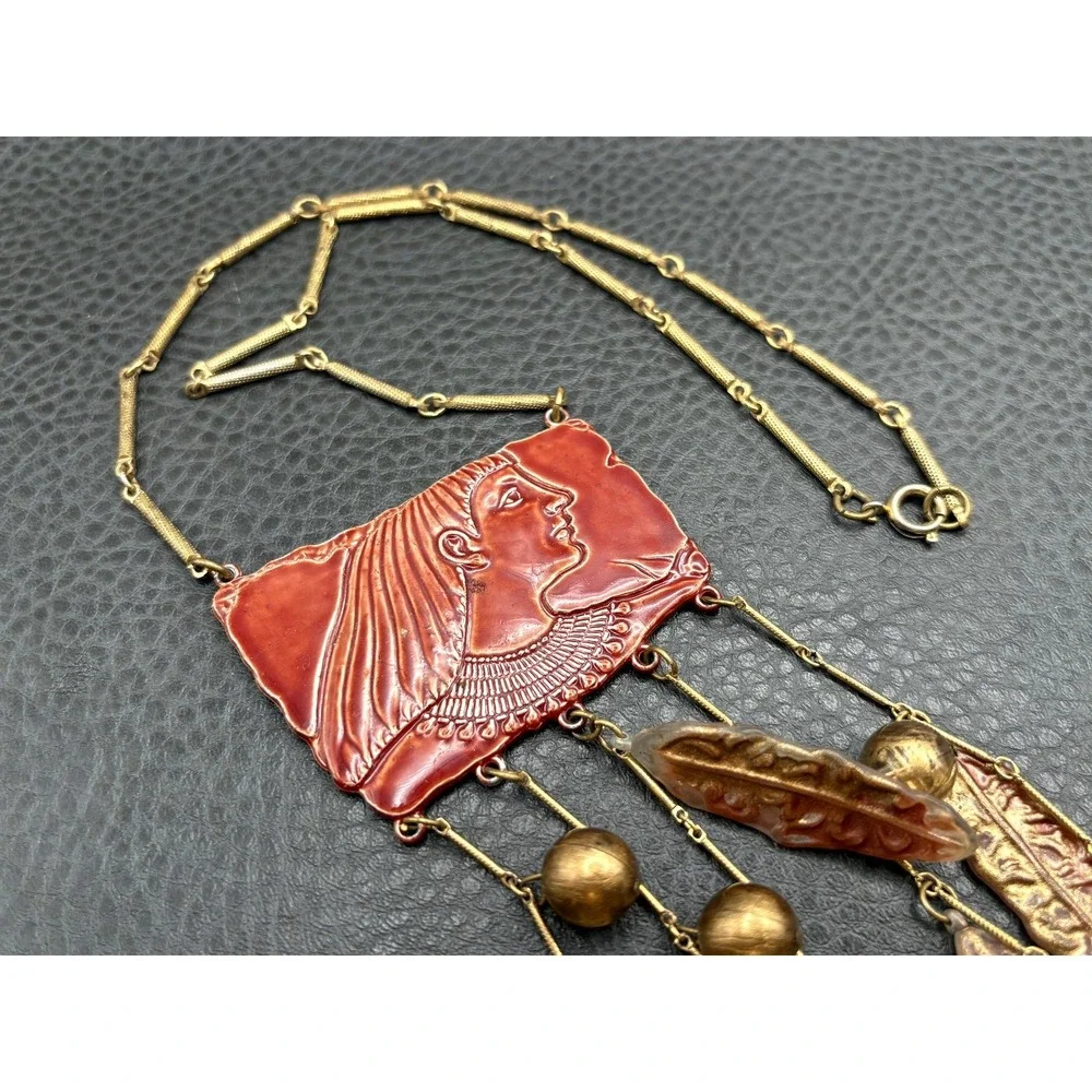Vintage Lady Face Egyptian Revival Red Huge Waterfall Fringe Dangle Necklace 18
